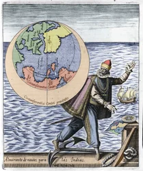 Representação de Cristóvão Colombo (1451-1506) - em "Nova Tipus Transacto Navigatio Novi Orbi" por Philoponus Honorius