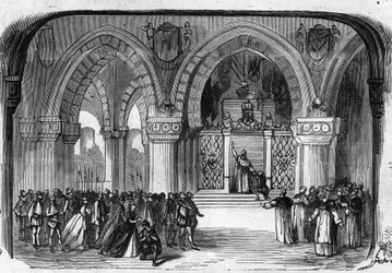 Representação de Don Carlo (Don Carlos) Opera em 5 atos de Giuseppe Verdi na Ópera de Paris em 11 de março de 1867. Cena do 5º ato: Mosteiro de S. Juste, aparição de Carlos V. Gravura de 1867.