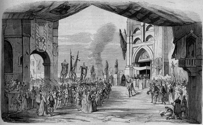 Representação de Don Carlo (Don Carlos) Opera em 5 atos de Giuseppe Verdi na Ópera de Paris em 11 de março de 1867. O carro da fe, 3º ato, decoração de Cambon e Thierry. Gravura a partir de 1867.