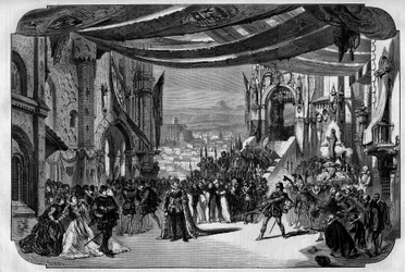 Representação de Don Carlo (Don Carlos) Opera em 5 atos de Giuseppe Verdi na Ópera de Paris em 11 de março de 1867. No desenho de Neuville, o terceiro ato, quarto quadro, cena IX.