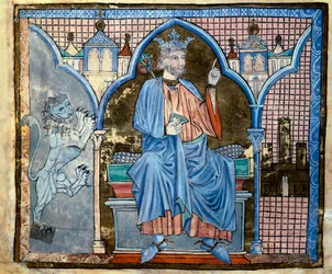 Representação do Rei Fernando III de Castela ou São Fernando (1199-1252) Miniatura retirada do manuscrito "Índice de privilégios reais" fol. 66 v. XIII Santiago de Compostela (Santiago de Compostela), arquivo do