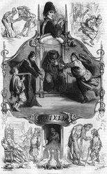 Representação do Mestre Patelin, famoso pela "Farsa do Mestre Patelin", que conta as desventuras de um advogado e do seu cliente pastor. Gravura do século XIX.