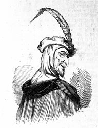 Representação de Mefistófeles (Mefisto), personagem da lenda de Fausto. Gravura do século XIX