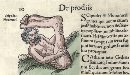 Representação de um monstro Sciapod Gravura de "The Book of Prodigiorum ac ostentorum Chronicon Basileae" de Wolfhart (Conrad Lycosthene) 1557
