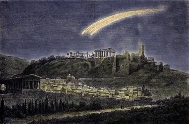 Representação de um cometa acima da cidade de Atenas em 1878.