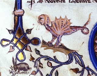 Representação de um fantástico animal mi homem mi dragão. Miniatura de um manuscrito do século XIV.