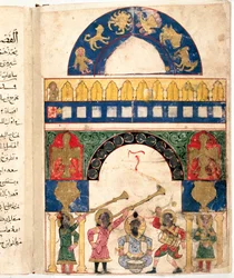 Representação de um clepsydra de água (relógio) concebido pelo engenheiro turco Ibn al-Rajjaj al-Jazari (Al Rajjaj Al Jazari) (1136-1206) e de um calendário. Distingue o círculo do zodíaco, o Sol, a Lua