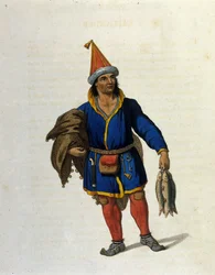 Representação de um Sami indígena (residente nos territórios da Noruega, Suécia, Rússia, Finlândia) que regressa da pesca. Gravura do século XIX
