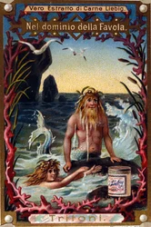 Representação de recém-nascidos, criaturas lendárias mi man mi peixe. chromolithographof do século XIX