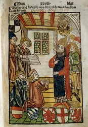 Representação do Conselho de Constança (1414-1418), convocado pelo Imperador Sigismundo I e Antipope João XXIII. Ele pôs um fim ao Grande Cisma do Ocidente. Miniatura de 1414. Paris. Biblioteca polonesa.