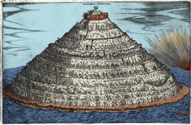 Representação do Purgatório segundo a Divina Comédia de Dante Alighieri (1265-1321): o Paraíso terrestre encontra-se no topo. Gravura anónima do século XVII