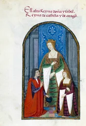 Representação da Rainha de Espanha Isabel a Católica (1451-1504), sua filha Jeanne Iere the Folle (1479-1555) e Pedro Marcuello. Página manuscrita retirada da "Coleção de devoção da Rainha Joana o Folle (1479-1555) da Espanha" por Pedro Mar