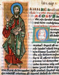 Representação do apóstolo São Tiago, o Miniaturista Maior, tirada do "Codex Calixtinus" (Livro de São Tiago), cerca de 1140. Fol. 4. Arquivos da Catedral de Santiago de Compostela (Santiago de Compostela), Espanha