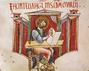 Representação do evangelista São Marcos Miniatura de um manuscrito dos monges beneditinos "Liber evangeliarum" do século XI ou XII Biblioteca Vallicelliana Roma