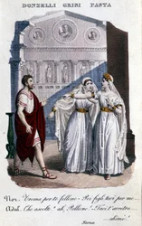 Representação dos intérpretes da primeira representação de "La Norma" de Vincenzo Bellini (1801 - 1835): da esquerda para a direita Domenico Donzelli (Pollione), Giuditta Grisi (Adalgisa) e Giuditta Pasta (Norma). 1833.