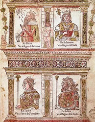 Representação da página dos Reis: Rei David, Rei Salomão, Rei Turno e Rei Lubba (Página dos Reis) Placa de "Libro delle libertado" de Lorenzo Spirito Gualtieri (ou Lorenzo Spirito da Perugia (Perugia) (1426-1496) poeta e humanista