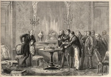 Representação da peça "Mercadet" (Le Faiseur) de Honore de Balzac (1799-1850) na Comedie Francaise. Acto III, Cena VI. Gravura em "L