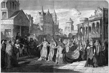 Representação da ópera romântica "Lohengrin" de Richard Wagner (1813-1883), última cena do acto II, no Royal Theatre em Munique, Alemanha. Gravação em "O Universo Ilustrado".