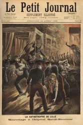 Resgate no Hospital São Salvador de Lille ou um incêndio devastou os três monumentos mais antigos da cidade, a igreja, a antiga torre e o hospital. Gravura no "Le petit journal" 12/04/1896. A coleção de Selva.