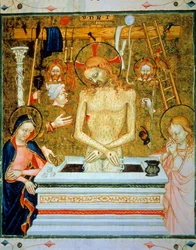A Ressurreição de Cristo: Cristo saindo do túmulo entre a Virgem e São João com os instrumentos da paixão (escada, cordas, faixa de cabeça, galo, lua, chicote, lanterna, coroa de espinhos, tocando, coluna, túnica, sol, mão, prego). Miniatura de um Fran