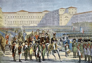 Revisão do exército italiano aprovada em Milão pelo General Murat (1800) - litografia
