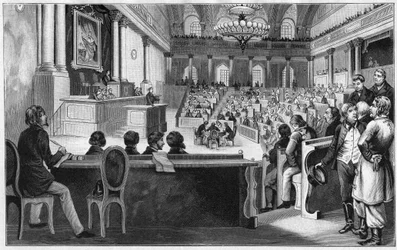 Revolução em Viena 1848 - A reunião da primeira Assembleia Constituinte Austríaca (Reichsversammlung), em julho de 1848, na Escola de Equitação Espanhola em Viena, Áustria.