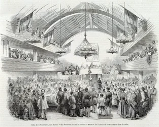 Revolução de 1848: A sala da Irmandade, rue Martel, o Presidente suspendeu a sessão à entrada do Comissário na sala.
