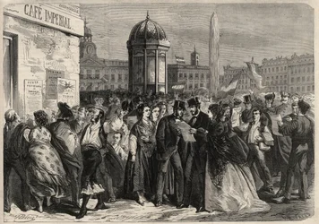 Revolução de Setembro de 1868 em Espanha (Gloriosa): leitura do manifesto da junta, na rua de Alcalá, em Madrid. Gravura em "L
