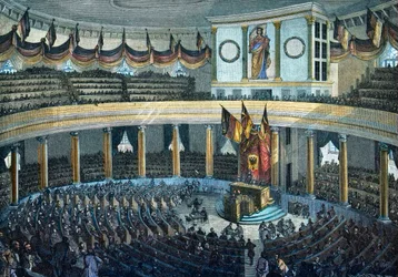 Revoluções 1848 - 1849: Assembleia Nacional Alemã na Igreja de S. Paulo em Frankfurt am Main - gravura em madeira colorida
