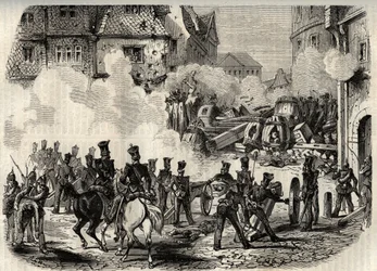 Revoluções 1848 - 1849, Alemanha, Frankfurt - Tropas invadindo uma barricada em Frankfurt, Alemanha, em 18 de setembro