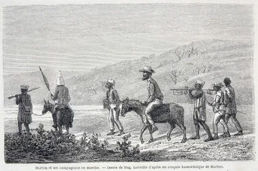 Richard Francis Burton, explorador britânico (1821-1890), e seus companheiros na África. Desenho ilustrando o artigo "Captain Burton
