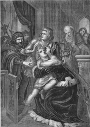 Ricardo III rei de Inglaterra raptando os filhos de seu irmão Eduardo IV (1452-1485) de sua mãe. Gravura a partir de 1860 baseada na pintura de Stilke.