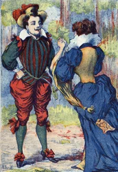 Riquet a la Houppe torna-se um belo cavalheiro. Ilustração anônima de "Riquet a la houppe", conto de Charles Perrault (1628-1703), escritor francês. Imagery Marcel Vagne, Jarville Nancy, sem data (final do século XIX).