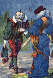 Riquet apresenta-se novamente à princesa. Ilustração de "Riquet a la houppe", conto de Charles Perrault (1628-1703), escritor francês. Ilustração anônima. Imagery Marcel Vagne, Jarville Nancy, sem data (final do século XIX).