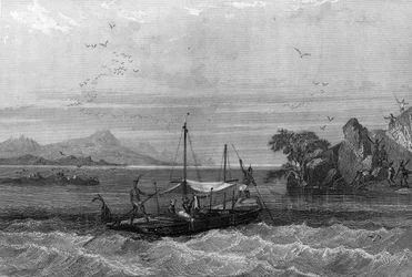 Robert Cavelier de La Salle (1643-1687) chega à boca do Mississippi, Abril de 1675. in "Histoire générale de la marine" de Van Tenac