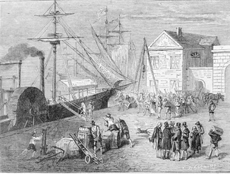 Robert Fulton (1765 - 1815), construtor americano embarcou no Clermont, um barco que construiu em 1807 para fazer a ligação Nova Iorque - Albany no rio Hudson. Gravura do século XIX.