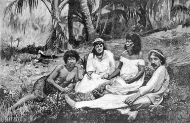Robert Louis Stevenson (1850 - 1894) com sua esposa em Samoa, onde teve sua residência publicada em Vailima. Gravura por volta de 1890-1895.