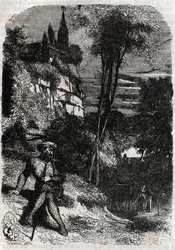 Rodomont, Isabella e o Velho Eremita - Gravura de 1851 de "Furious Roland" (Orlando furioso) (século XVI) de Ludovico Ariosto, conhecido como o Ariosto - Edição traduzida do italiano pelo Conde de Tressan e publicada por Gustave Harvard 1851