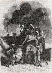 Rodomont abandona Paris - Gravura de 1851 de "Roland furieux" (Orlando furioso) (século XVI) de Ludovico Ariosto, conhecido como Ariosta - Edição traduzida do italiano pelo Conde de Tressan e publicada por Gustave Harvard 1851