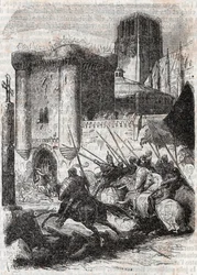 Rodomont quebra as portas do Palácio em Paris - gravura de 1851 de "Roland furieux" (Orlando furioso) (século XVI) de Ludovico Ariosto, conhecido como Arioste - Edição traduzida do italiano pelo Conde de Tressan e publicada por Gustave Harv