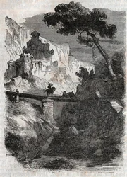 Rodomont derrotado por Bradamante - Gravura de 1851 de "Furious Roland" (Orlando furioso) (século XVI) de Ludovico Ariosto, conhecido como Ariosto - Edição traduzida do italiano pelo Conde de Tressan e publicada por Gustave Harvard 1851