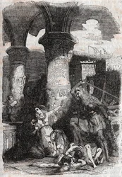 Rodomont massacre les habitatnts de Paris - Gravura de 1851 de "Roland furieux" (Orlando furioso) (século XVI) de Ludovico Ariosto, conhecido como Arioste - Edição traduzida do italiano pelo Conde de Tressan e publicada por Gustave Harvard 185