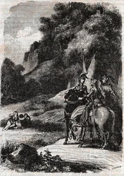 Roger (Ruggero, Ruggiero), Marphise (Marfisa) e as três mulheres - gravura de 1851 de "Roland furieux" (Orlando furioso) (século XVI) de Ludovico Ariosto, chamada Ariosto - Edição traduzida do italiano pelo Conde de Tressan e publicada por