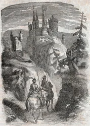 Roger (Ruggero, Ruggiero) e Richardet vêem o castelo de Aigremont - gravura de 1851 de "Roland furieux" (Orlando furioso) (século XVI) de Ludovico Ariosto, conhecido como Ariosta - Edição traduzida do italiano pelo Conde de Tressan e publicada