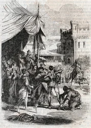 Roger (Ruggero, Ruggiero) desafia em batalha por Rodomont (Rodomonte) - gravura de 1851 de "Furious Roland" (Orlando furioso) (século XVI) de Ludovico Ariosto, conhecido como Ariosta - Edição traduzida do italiano pelo Conde de Tressan e publicada