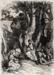 Roland and the Seven Brigands of the Cave - Gravura de 1851 de "Furious Roland" (Orlando furioso) (século XVI) de Ludovico Ariosto, conhecido como Ariosta - Edição traduzida do italiano pelo Conde de Tressan e publicada por Gustave Harvard