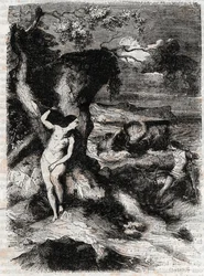 Roland delivre Olympe - Gravura de 1851 de "Roland furieux" (Orlando furioso) (século XVI) de Ludovico Ariosto, conhecido como Ariosto - Edição traduzida do italiano pelo Conde de Tressan e publicada por Gustave Harvard 1851