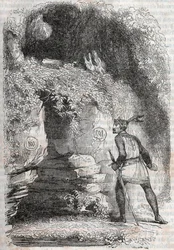 Roland encontra as figuras de Medor (Medoro) e Angelique (Angelica) - gravura de 1851 de "Furious Roland" (Orlando furioso) (século XVI) de Ludovico Ariosto, conhecido como Ariosta - Edição traduzida do italiano pelo Conde de Tressan e publis