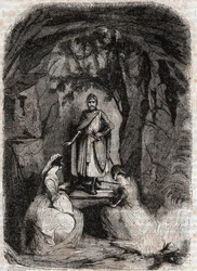 Roland vê Isabelle numa caverna - gravura de 1851 de "Furious Roland" (Orlando furioso) (século XVI) de Ludovico Ariosto, conhecido como Ariosta - Edição traduzida do italiano pelo Conde de Tressan e publicada por Gustave Harvard 1851