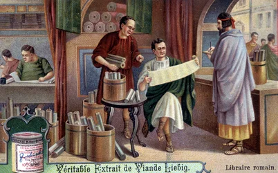 Livraria romana. Cromolitografia, imagem de Liebig.